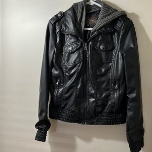 Faux leather jacket with removable hood